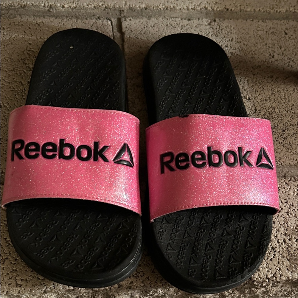 Reebok Black Footbed Pink Glitter Strap Slides